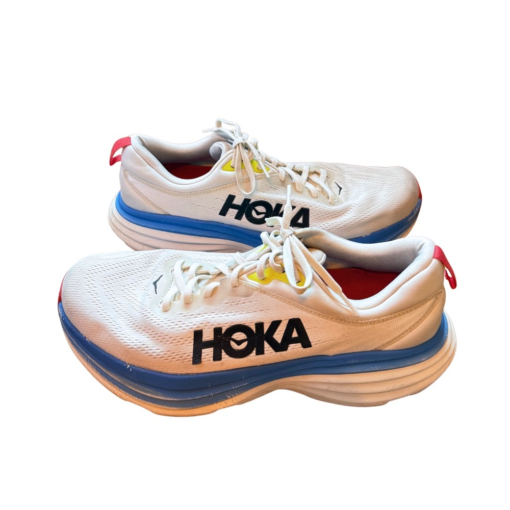 HOKA Bondi 8 Men’s Running Shoes Size 12.5 D Blue/White Worn Heel Damage - Picture 3 of 11